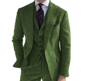 3 Pieces Suits Green Wool Retro Classic Herringbone Tweed Tuxedos Blazer Pants Vest