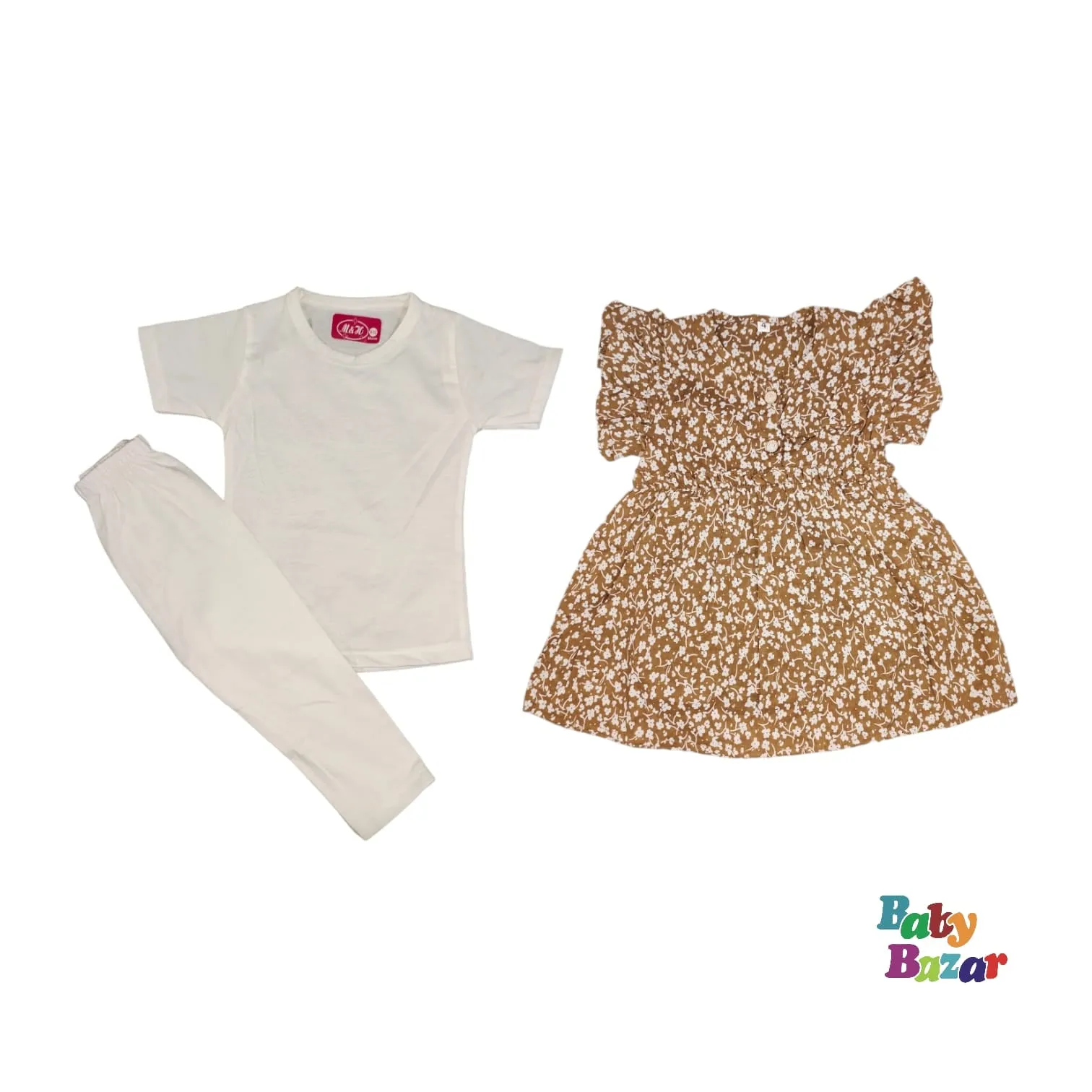 3Pcs Baby Girl Summer Dress with Lovely Flower Print (Brown)