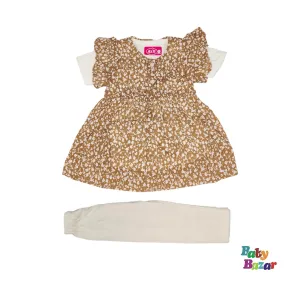 3Pcs Baby Girl Summer Dress with Lovely Flower Print (Brown)