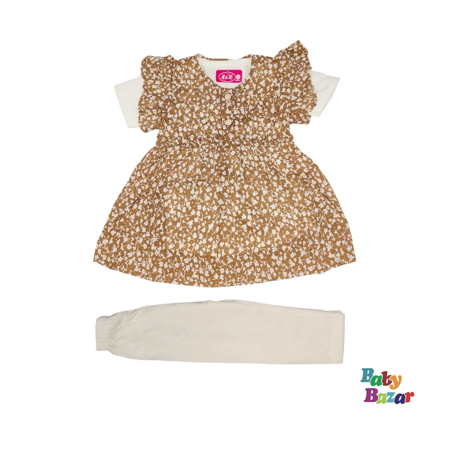 3Pcs Baby Girl Summer Dress with Lovely Flower Print (Brown)