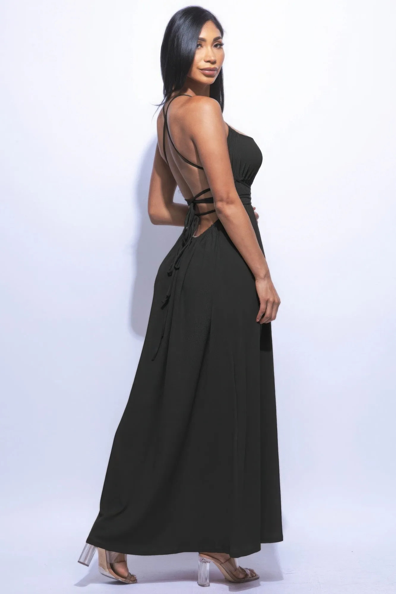 Black Spaghetti Strap Maxi Dress with Side Slit – Elegant & Comfortable