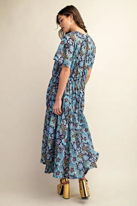 Blue Floral Print Cotton Maxi Dress
