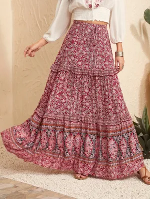 Boho All Over Print Tie Front High Waist Maxi Women Skirt