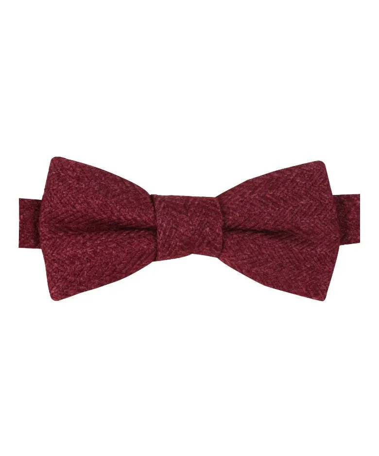 Boys & Men's Herringbone Tweed Bow Tie and Pocket Square - Burgundy