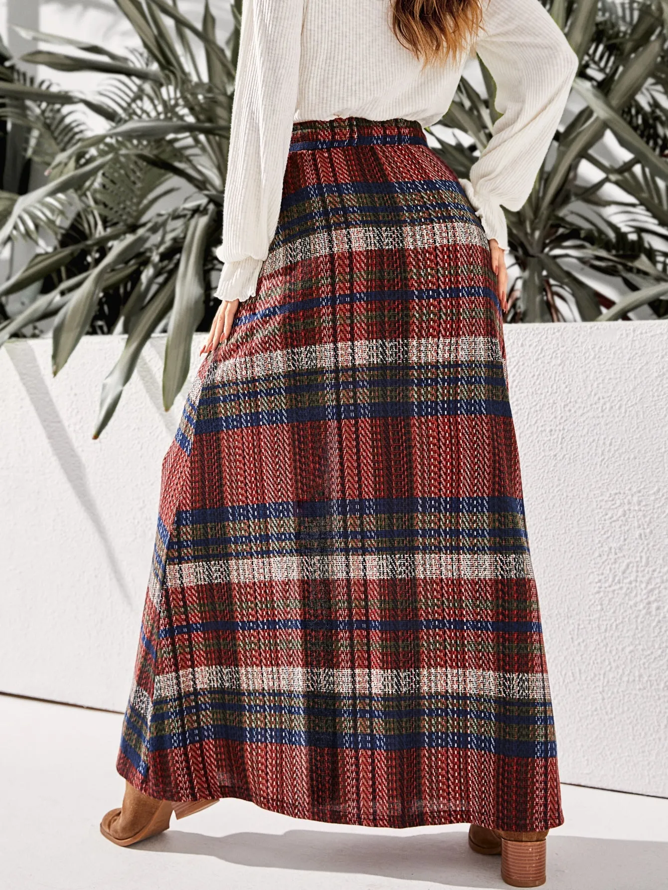 Casual Plaid Button Front High Waist Maxi Women Skirt