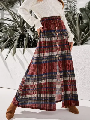 Casual Plaid Button Front High Waist Maxi Women Skirt