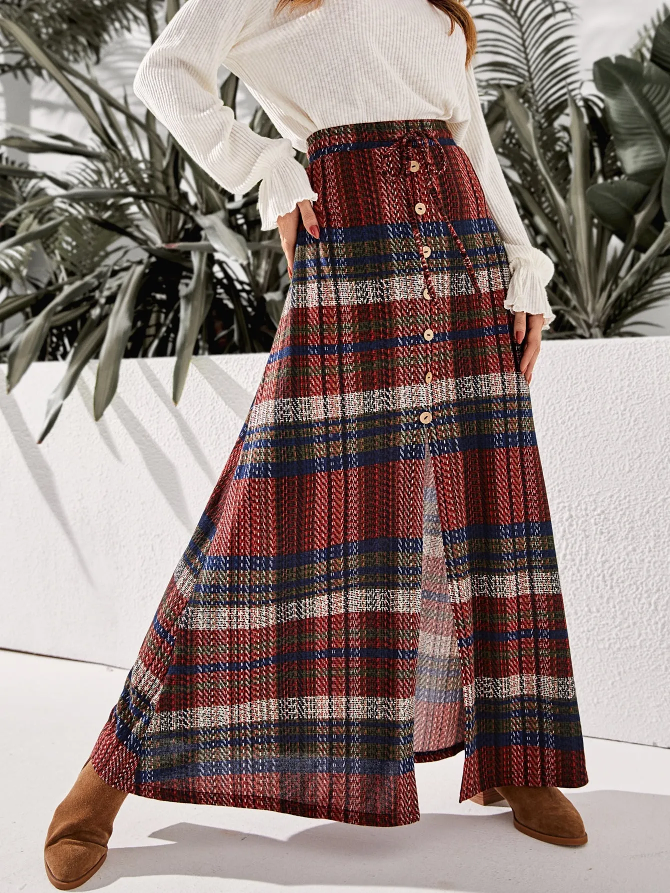 Casual Plaid Button Front High Waist Maxi Women Skirt
