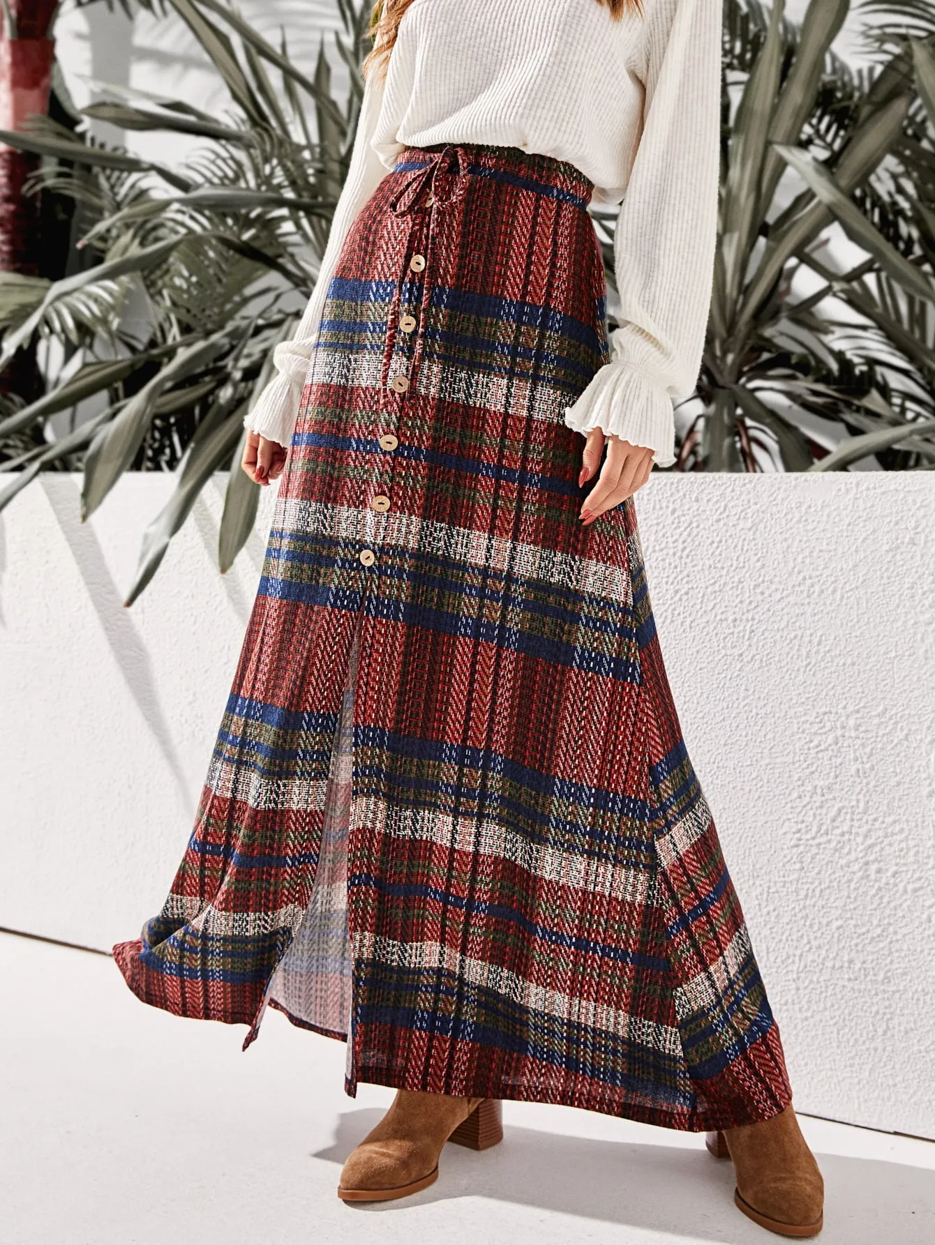 Casual Plaid Button Front High Waist Maxi Women Skirt