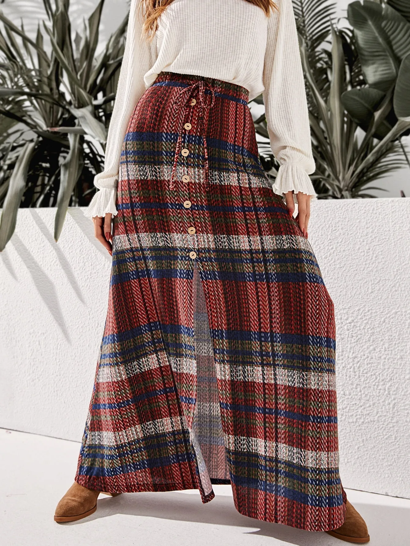 Casual Plaid Button Front High Waist Maxi Women Skirt