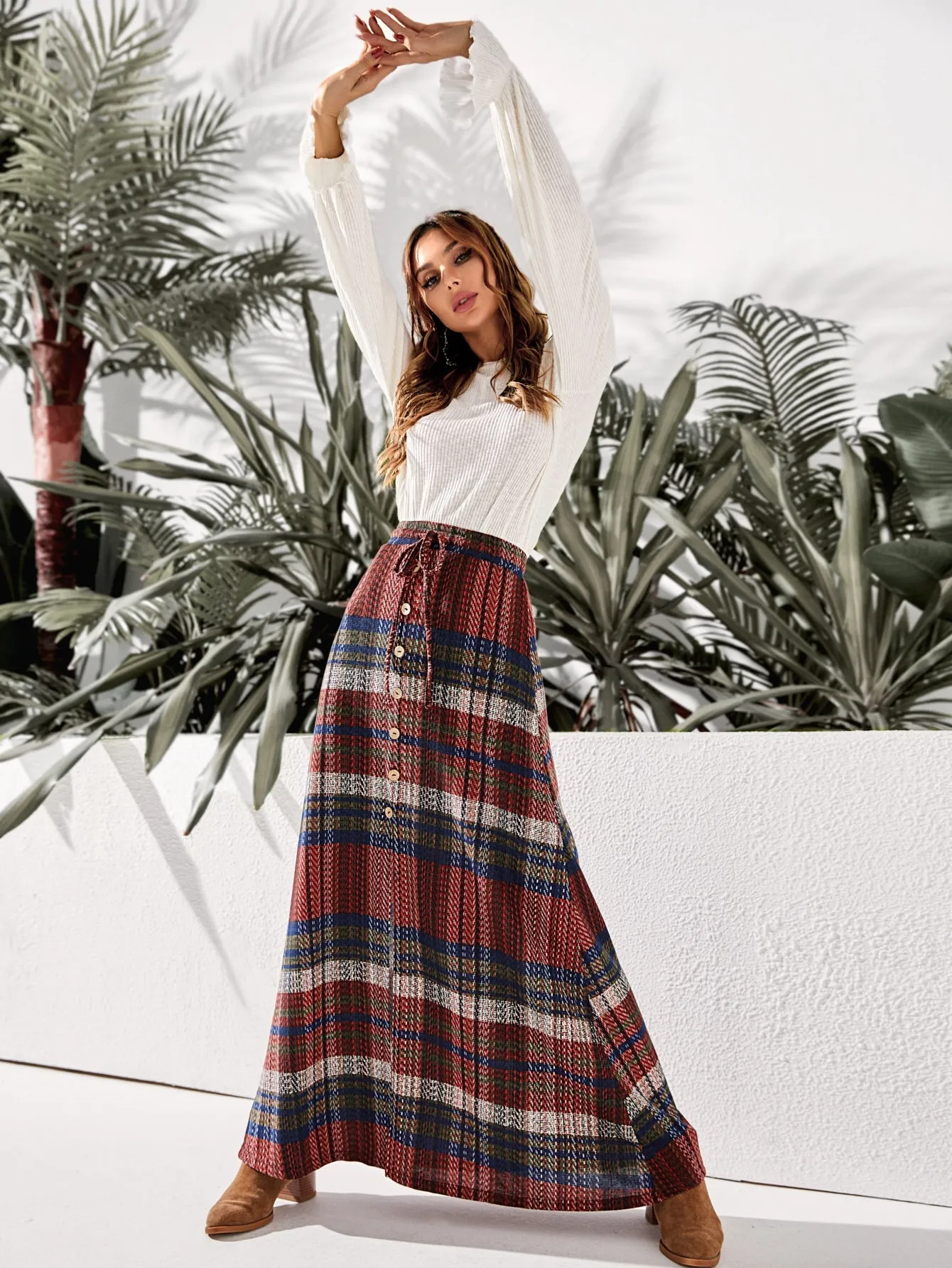 Casual Plaid Button Front High Waist Maxi Women Skirt