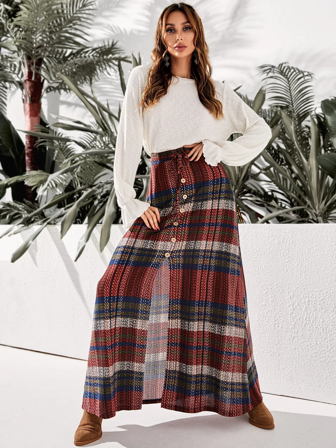 Casual Plaid Button Front High Waist Maxi Women Skirt