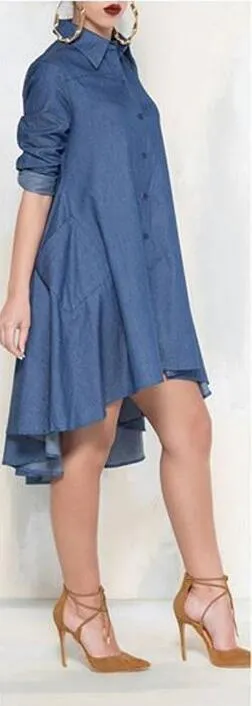 Clearance Casual Denim Blue Pockets Shirt Irregular Loose Dress