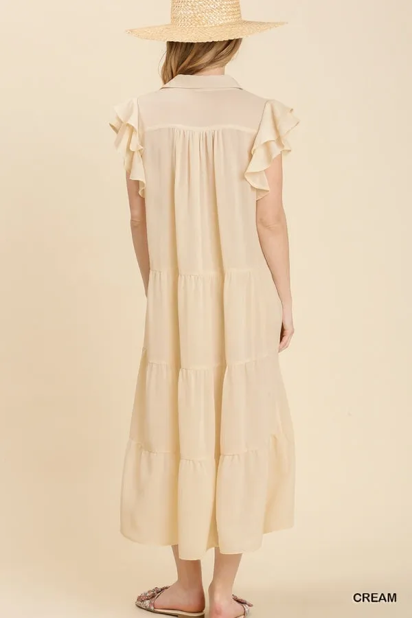 Collar Split Neck Short Ruffle Sleeves Tiered Midi Dress