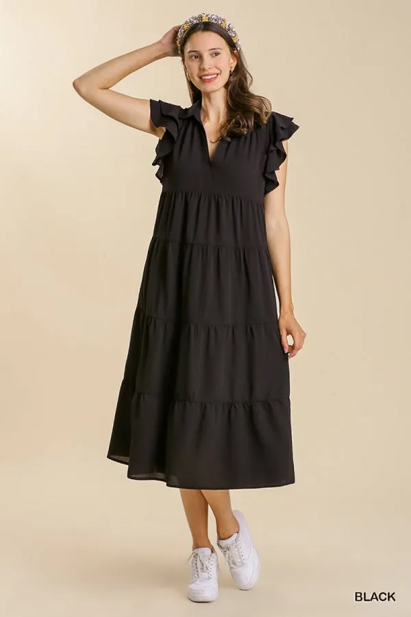 Collar Split Neck Short Ruffle Sleeves Tiered Midi Dress