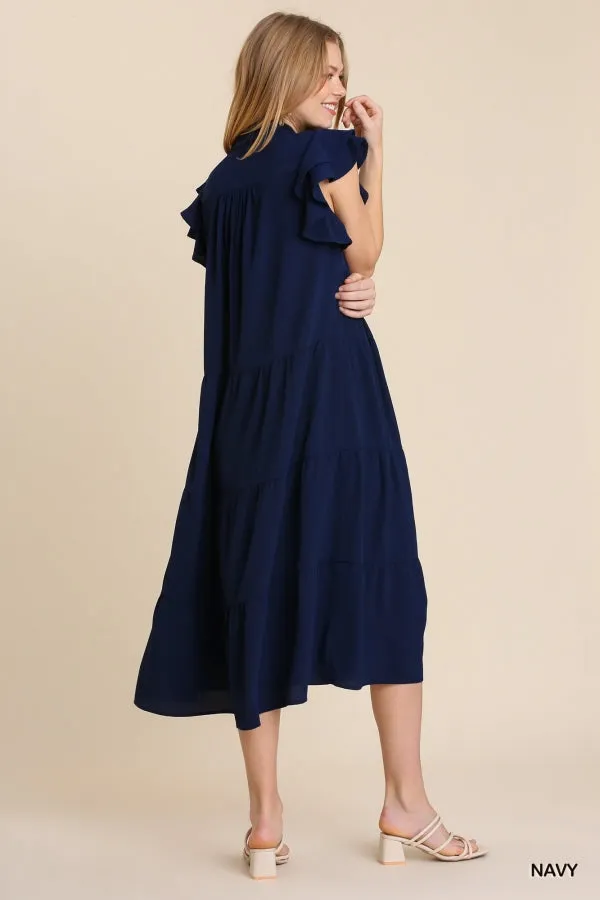 Collar Split Neck Short Ruffle Sleeves Tiered Midi Dress