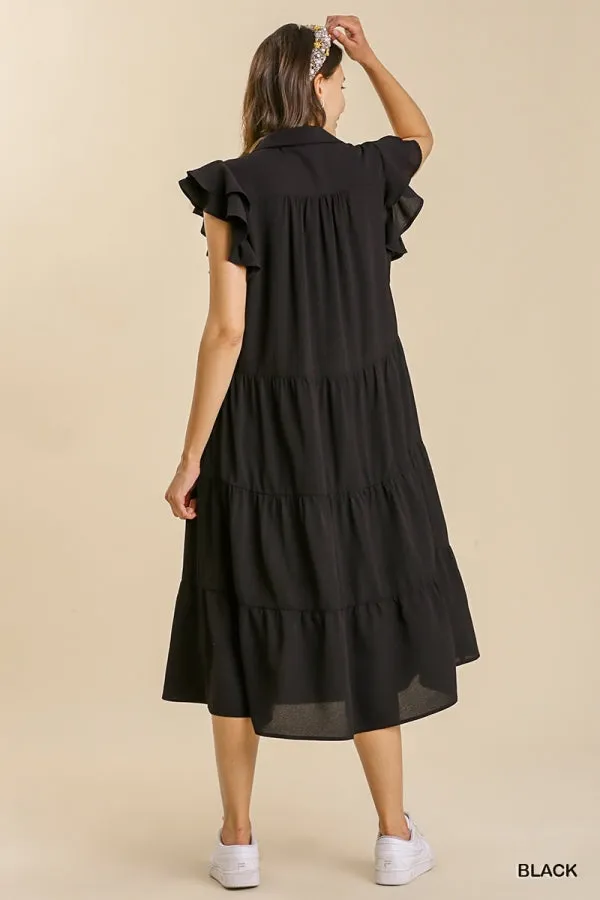 Collar Split Neck Short Ruffle Sleeves Tiered Midi Dress