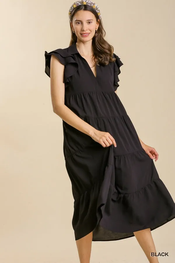 Collar Split Neck Short Ruffle Sleeves Tiered Midi Dress