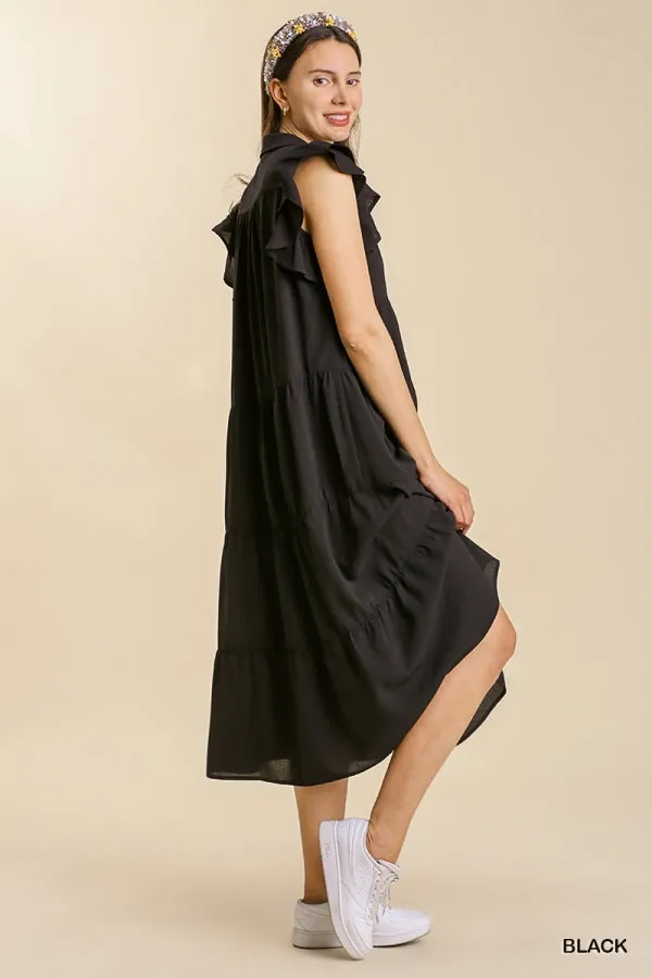 Collar Split Neck Short Ruffle Sleeves Tiered Midi Dress