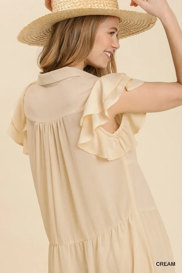 Collar Split Neck Short Ruffle Sleeves Tiered Midi Dress
