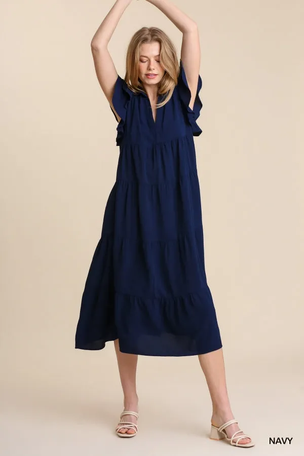 Collar Split Neck Short Ruffle Sleeves Tiered Midi Dress