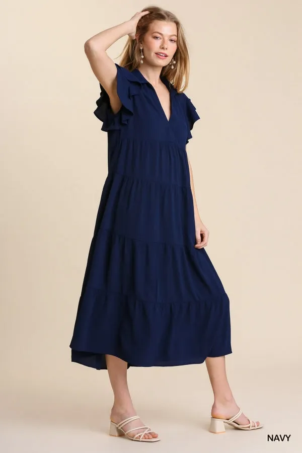 Collar Split Neck Short Ruffle Sleeves Tiered Midi Dress