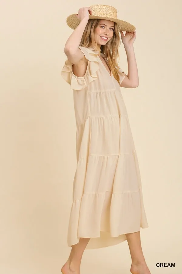 Collar Split Neck Short Ruffle Sleeves Tiered Midi Dress