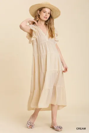 Collar Split Neck Short Ruffle Sleeves Tiered Midi Dress