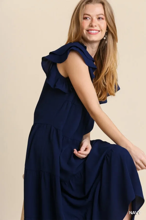 Collar Split Neck Short Ruffle Sleeves Tiered Midi Dress