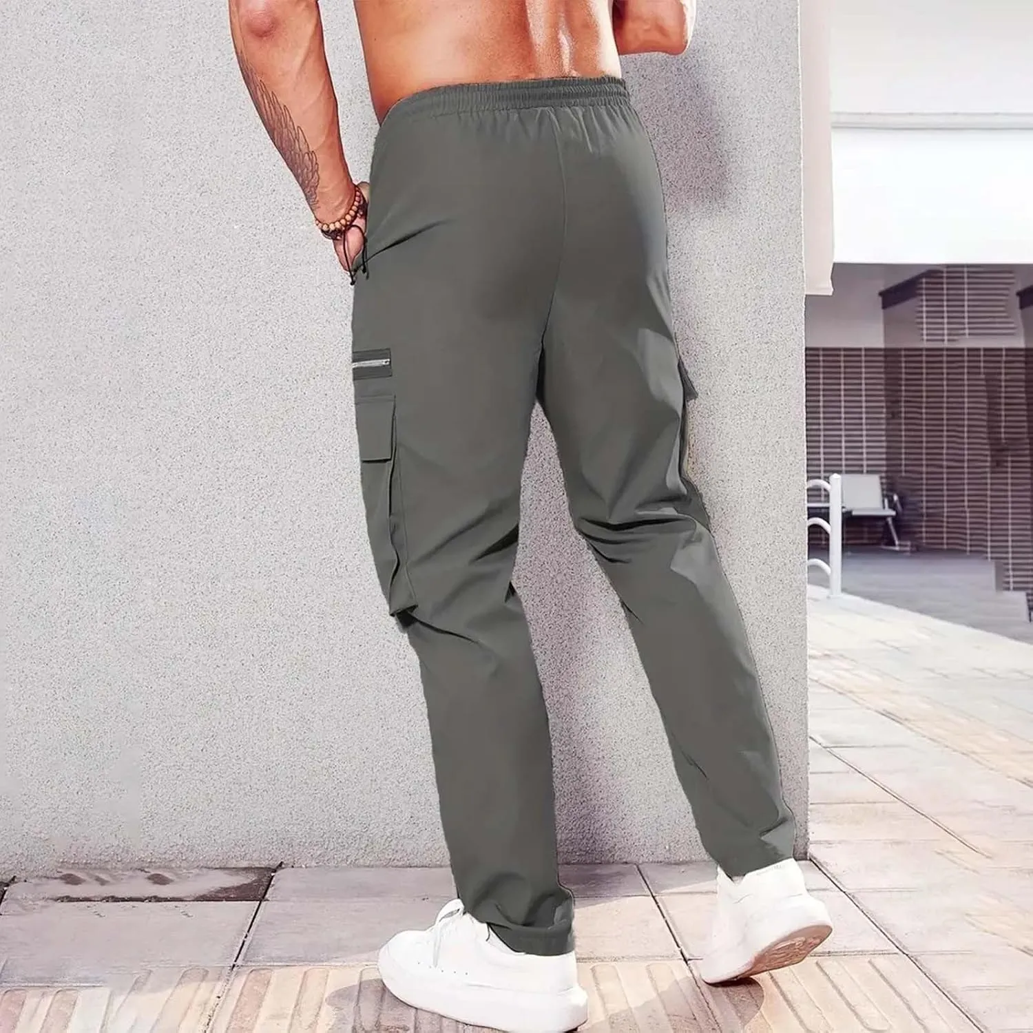 CRNTCEM Baggy Cargo Pants for Men Straight Hipster Hip Hop Sweatpants Pull On Tactical Military Trousers with Multi-Pockets