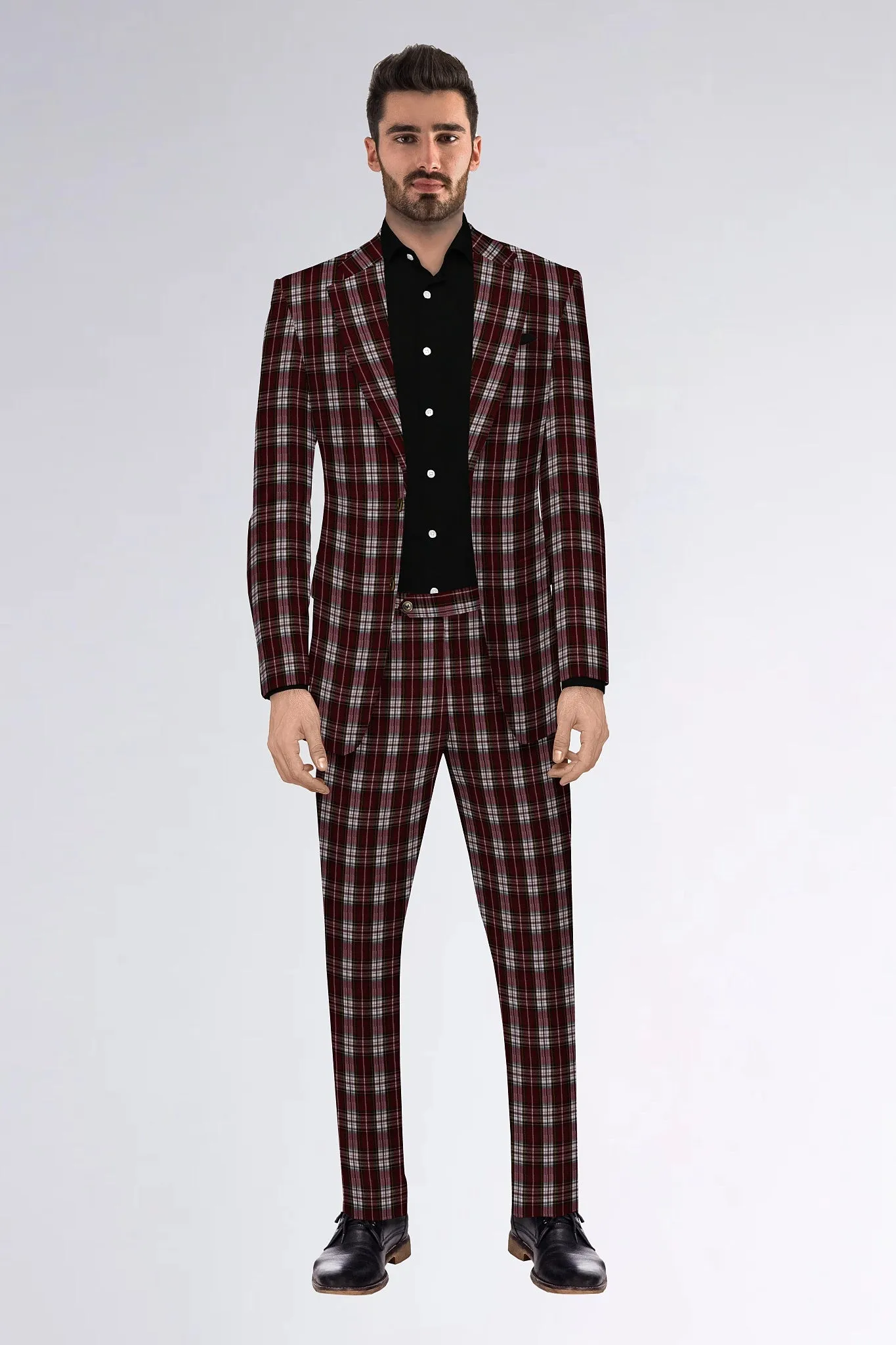 Dark Maroon Men's Two Button Dress Party Checks Print Suit Jacket Notched Lapel Slim Fit Terry Rayon Stylish Blazer