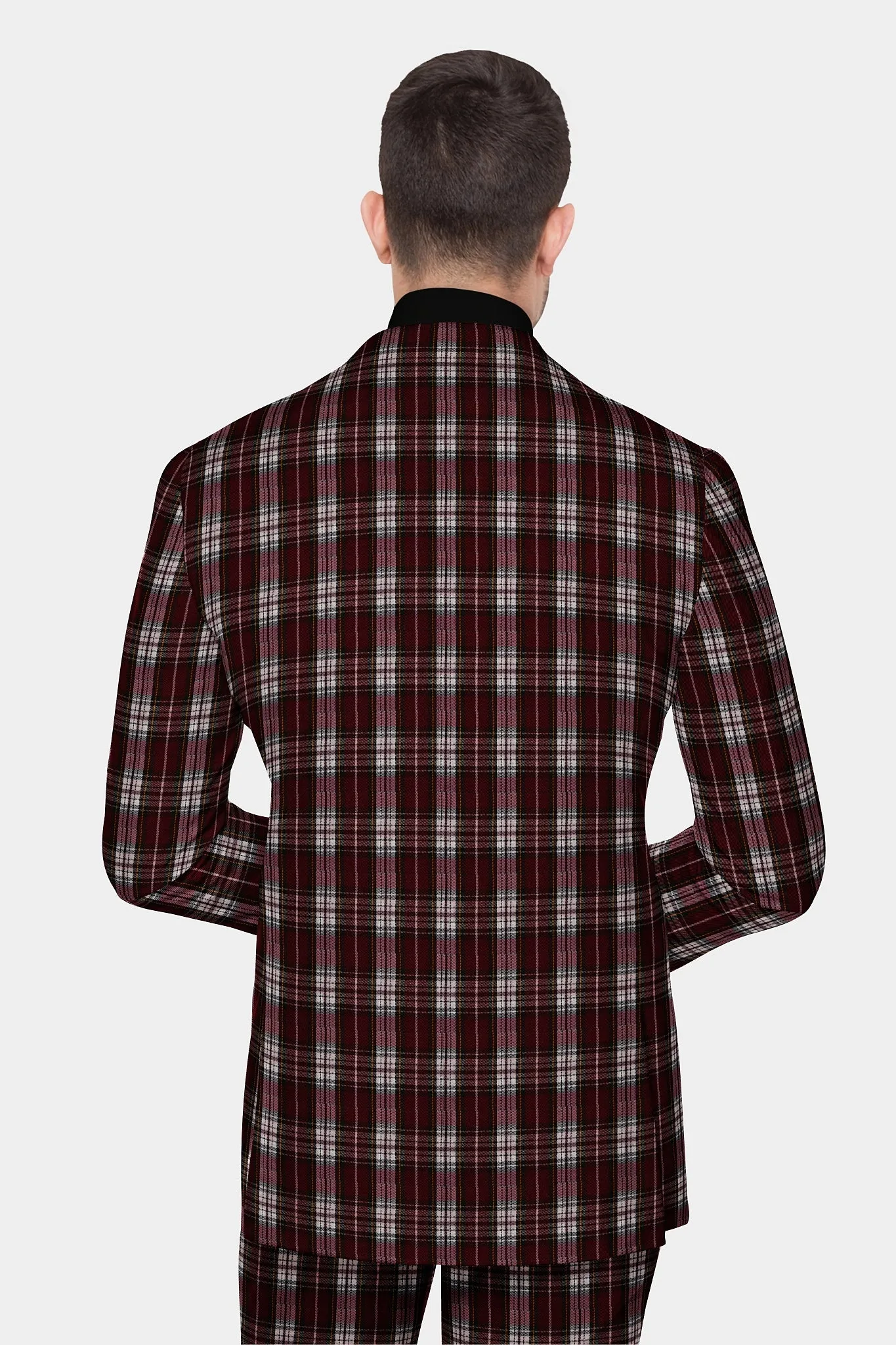 Dark Maroon Men's Two Button Dress Party Checks Print Suit Jacket Notched Lapel Slim Fit Terry Rayon Stylish Blazer