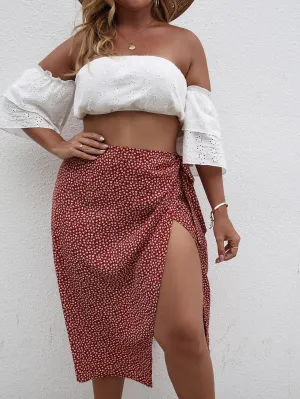 Ditsy Floral Wrap Midi Plus Size Skirt