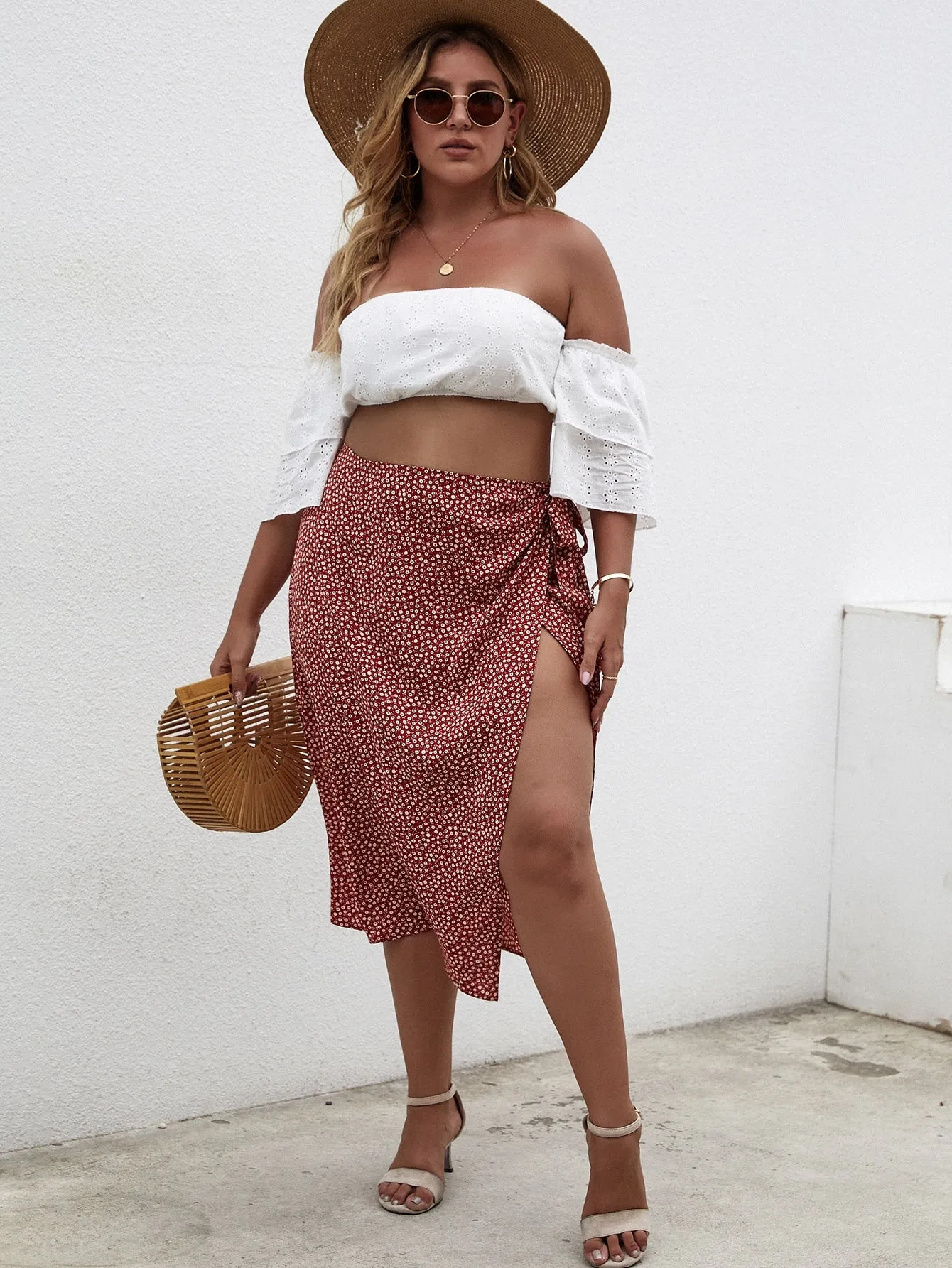 Ditsy Floral Wrap Midi Plus Size Skirt