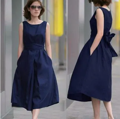 Fashion Cotton Linen Sleeveless Long Dress With Belt On