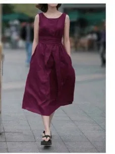 Fashion Cotton Linen Sleeveless Long Dress With Belt On