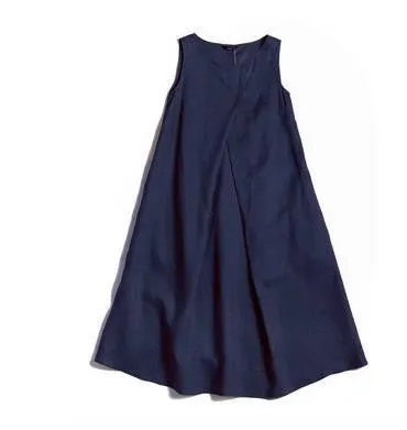Fashion Cotton Linen Sleeveless Long Dress With Belt On