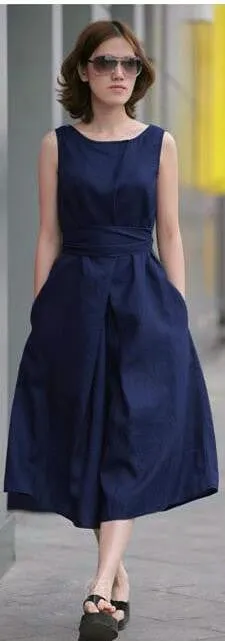 Fashion Cotton Linen Sleeveless Long Dress With Belt On