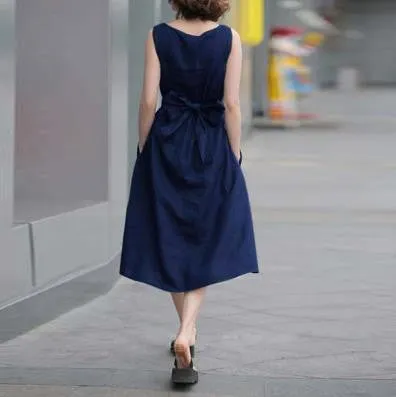 Fashion Cotton Linen Sleeveless Long Dress With Belt On