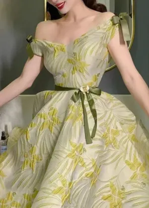 FLYTONN- French Green V Neck Bow Cotton Dresses Sleeveless XX081