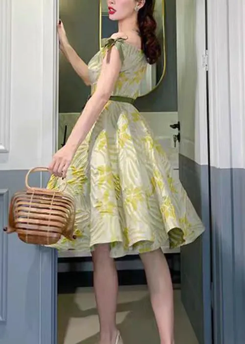 FLYTONN- French Green V Neck Bow Cotton Dresses Sleeveless XX081