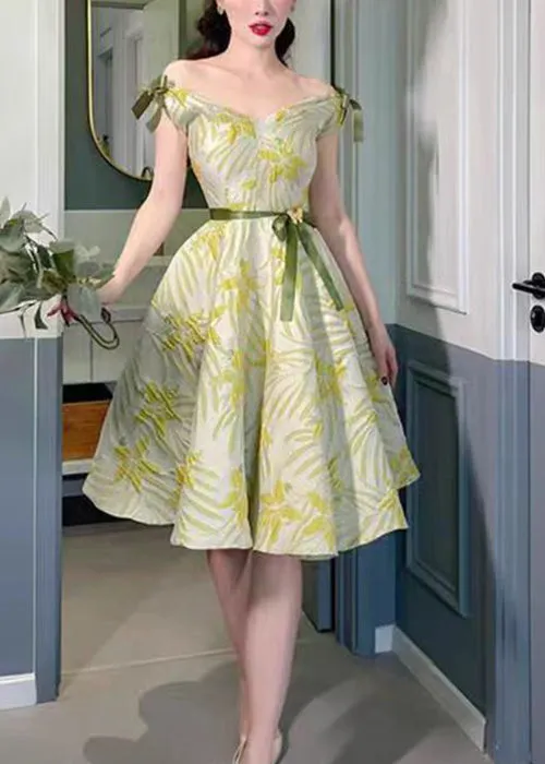 FLYTONN- French Green V Neck Bow Cotton Dresses Sleeveless XX081
