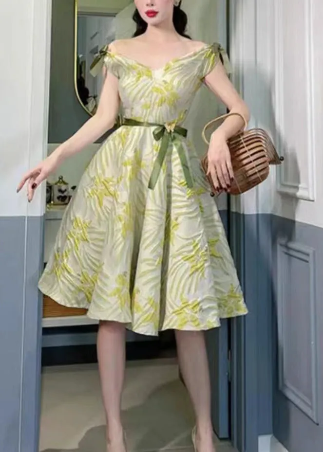 FLYTONN- French Green V Neck Bow Cotton Dresses Sleeveless XX081