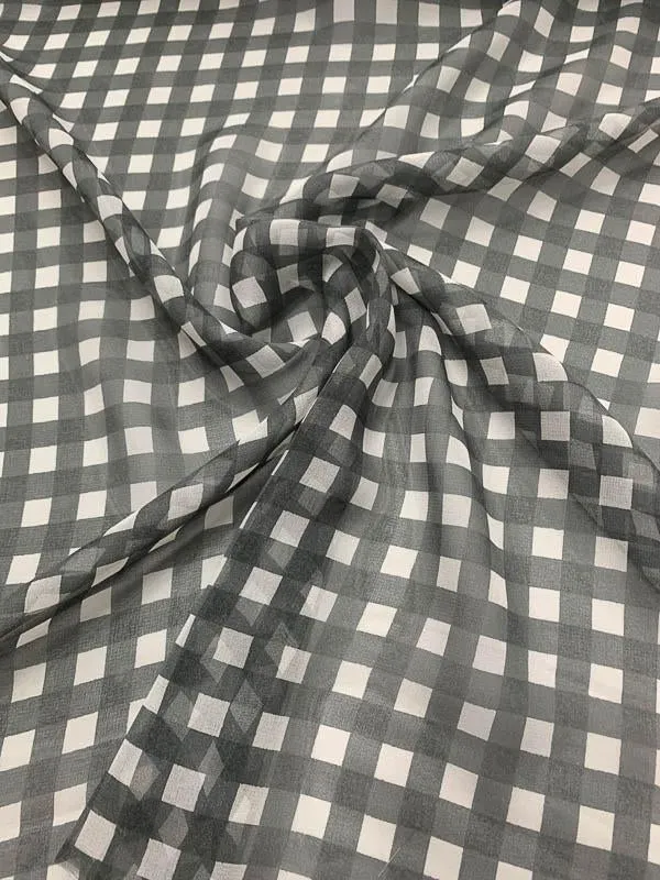 Gingham Printed Silk Chiffon - Dark Grey / White