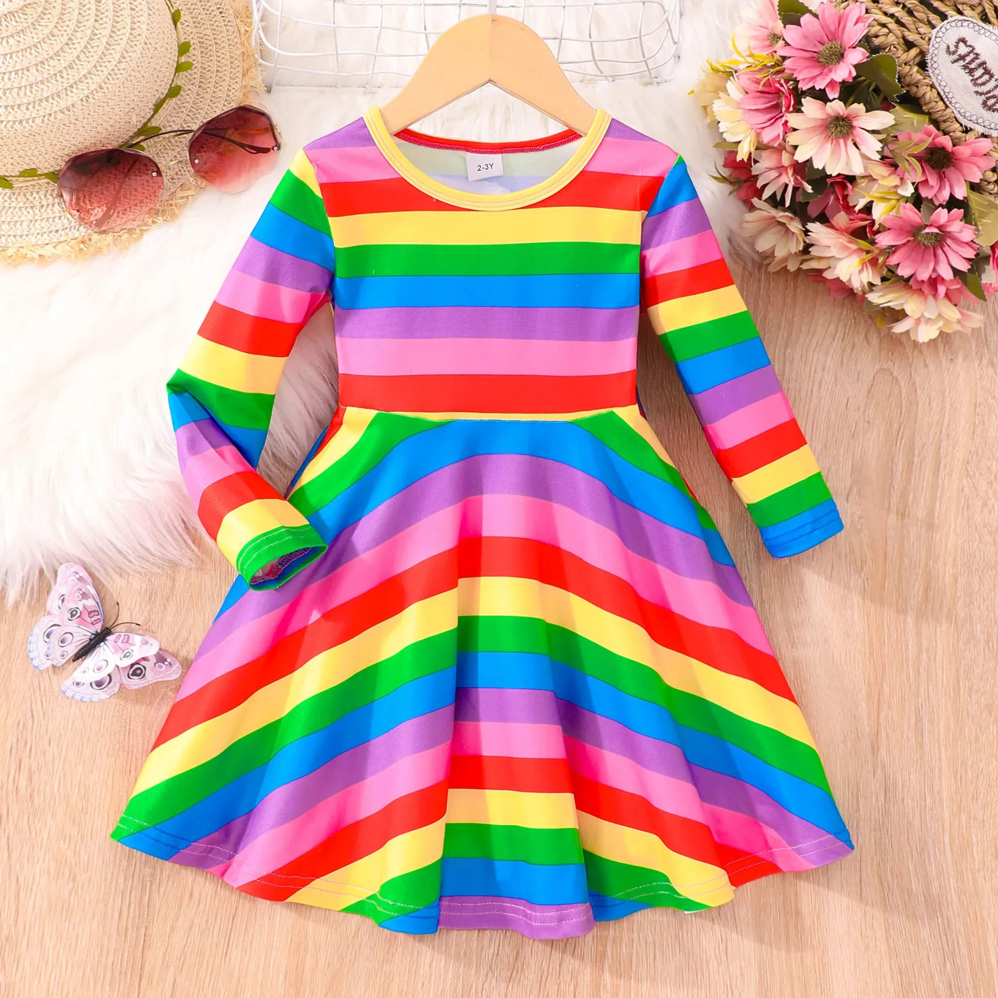 Girl Rainbow Summer Autumn Long Sleeve Festival Children Party Dresses