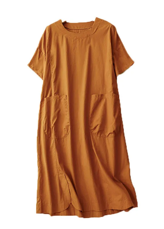 Handmade Orange O Neck Pockets Patchwork Cotton Dresses Summer AM1058