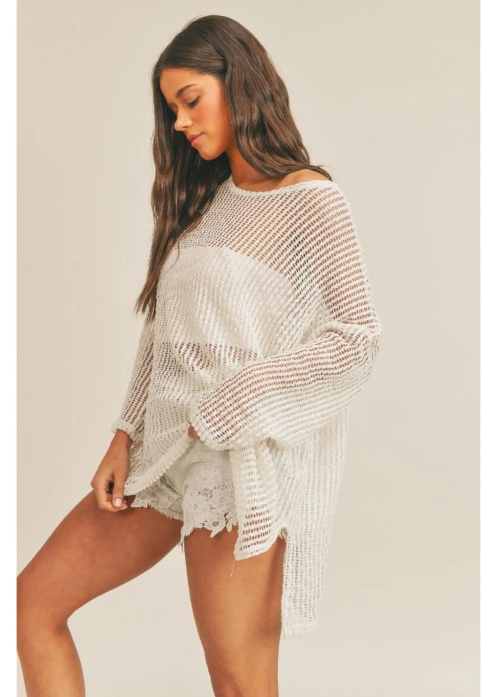 Ivory Lightweight Crochet Long Sleeve Top