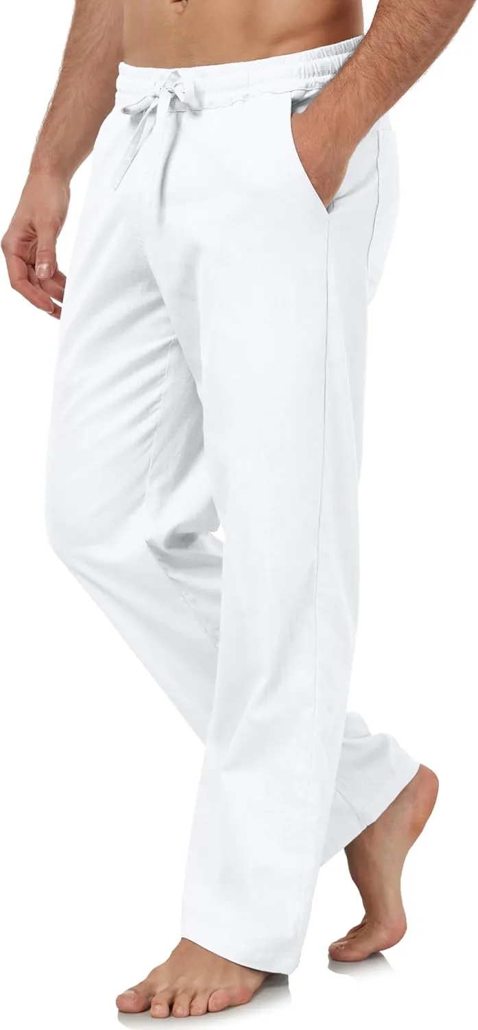 Janmid Men's Linen Pants Casual Elastic Waist Drawstring Yoga Beach Trousers
