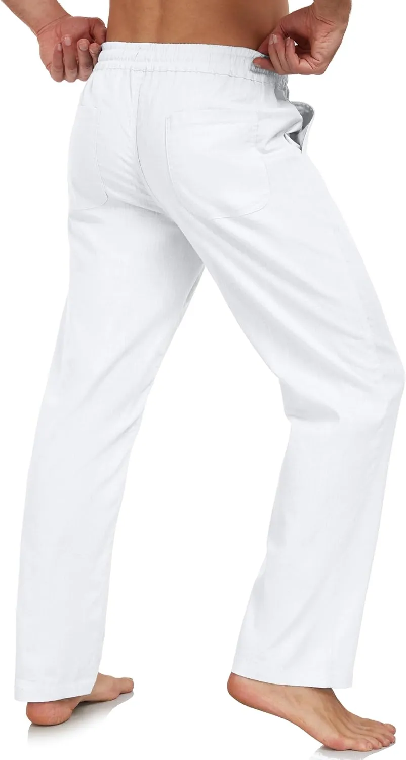 Janmid Men's Linen Pants Casual Elastic Waist Drawstring Yoga Beach Trousers