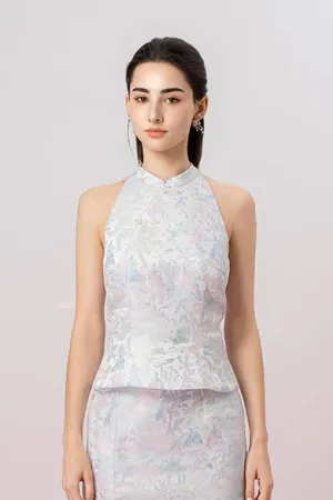 Jineeva Blue Sleeveless Cheongsam Top