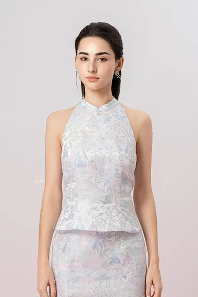 Jineeva Blue Sleeveless Cheongsam Top